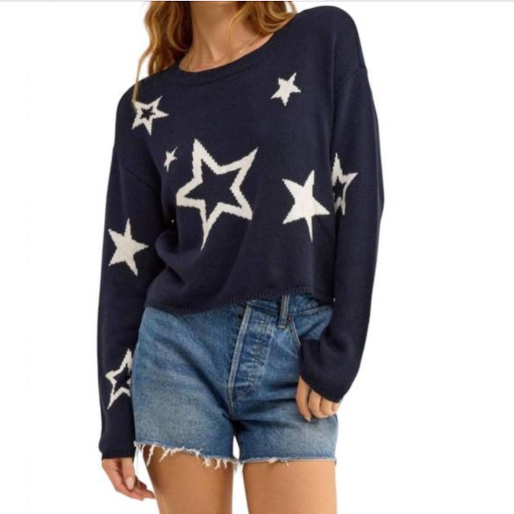 Z Supply Seeing Stars Captain Navy Cropped Sweater, Large, Coastal Nautical Chic